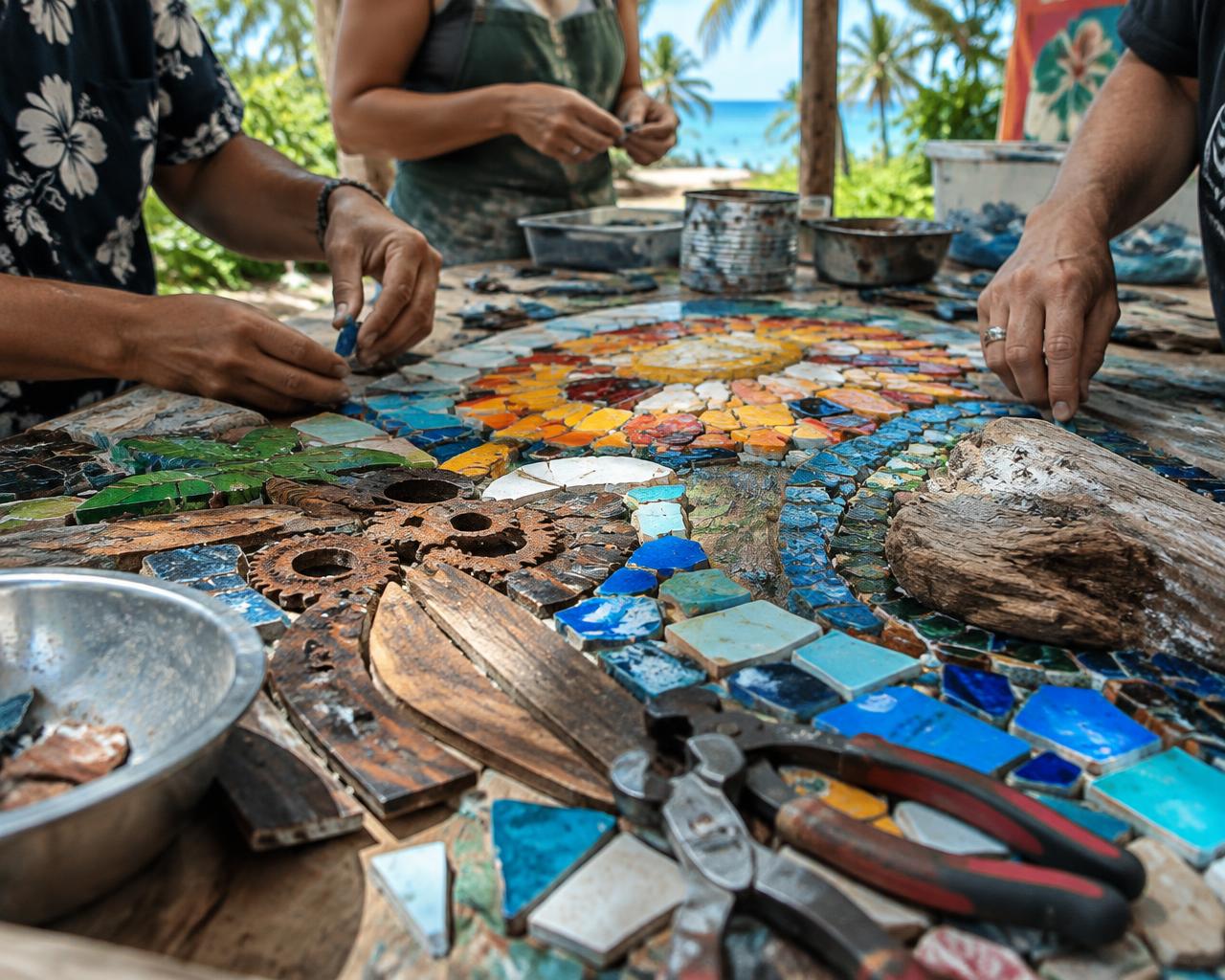 Community members assembling an upcycled mosaic from tiles, scrap metal and driftwood