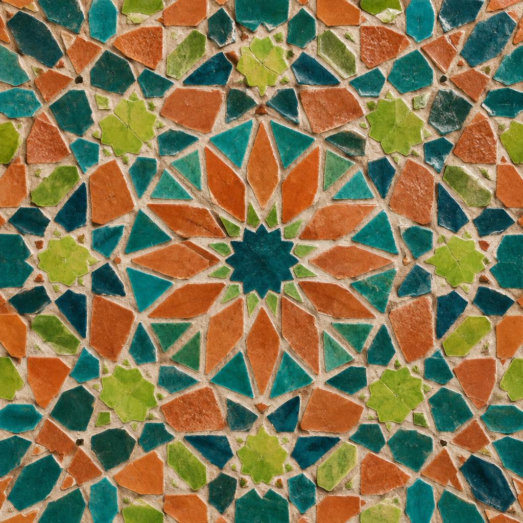 Moroccan-style geometric mosaic of broken multicolored tiles